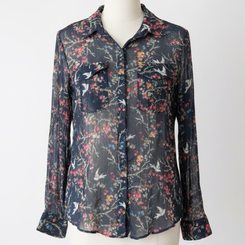 The Kooples Blue Bird Silk Blouse Navy Sheer Button Up Long Sleeve Top Size 4/S